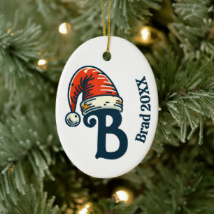 Personalized Inital Letter Name and Year Santa Hat Ceramic Ornament