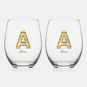 Personalized Initial A Monogram Gold Typography Stemless Wine Glass
