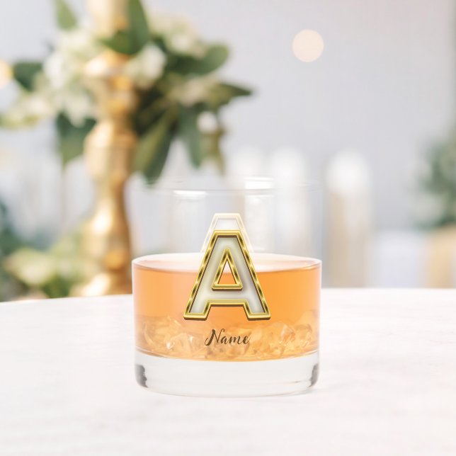 Personalized Initial A Monogram Gold Typography  Whiskey Glass (Insitu (Wedding))