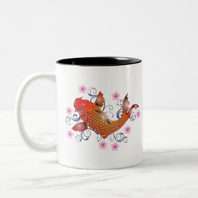 Personalized Initial and Orange Japanese Koi Fish Two-Tone Coffee Mug (Left)
