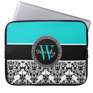 Personalized Initial Aqua Black Damask Laptop Sleeve