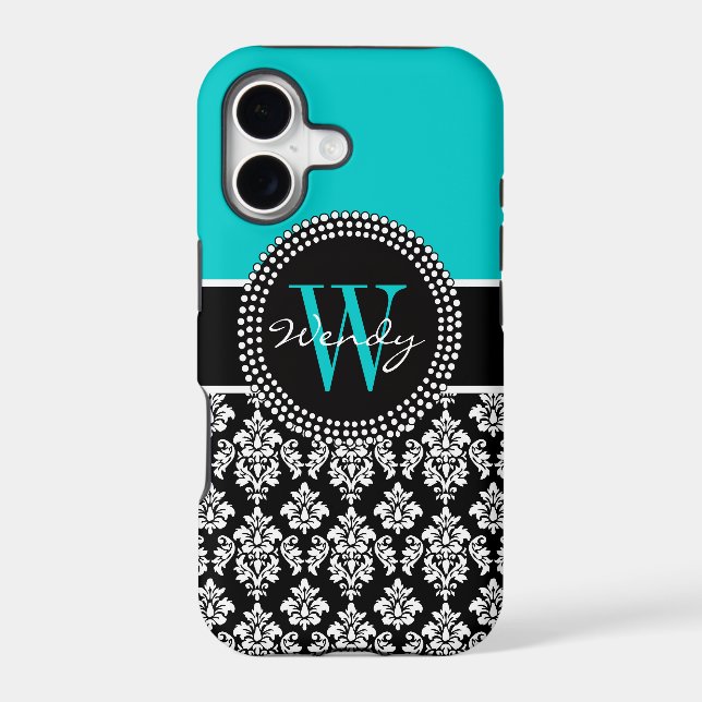 Personalized Initial Aqua Black Damask Pattern (Back)