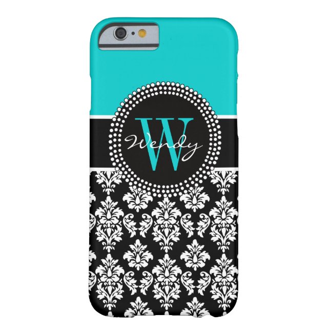 Personalized Initial Aqua Black Damask Pattern Case-Mate iPhone Case (Back)