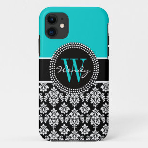 Personalized Initial Aqua Black Damask Pattern iPhone 11 Case