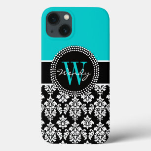 Personalized Initial Aqua Black Damask Pattern iPhone 13 Case