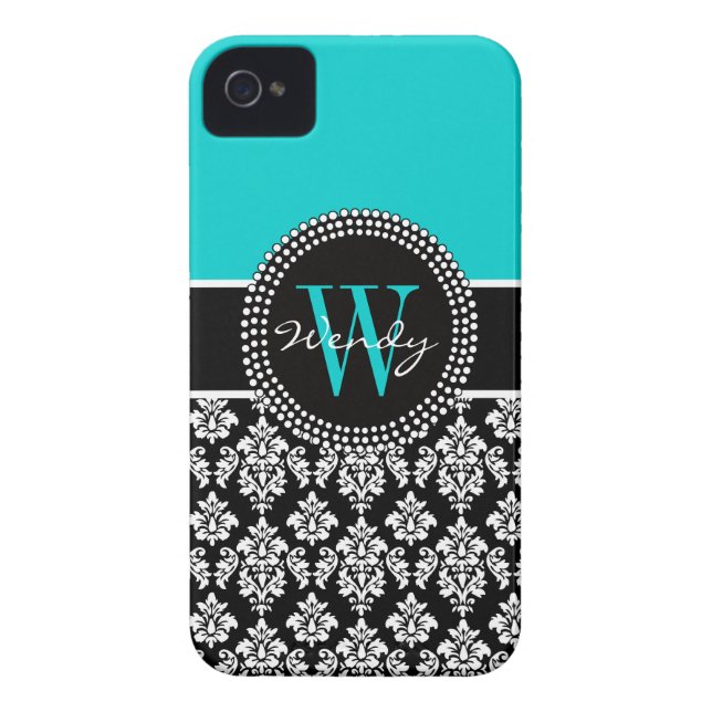 Personalized Initial Aqua Black Damask Pattern Case-Mate iPhone Case (Back)