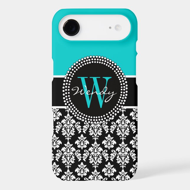 Personalized Initial Aqua Black Damask Pattern Case-Mate iPhone Case (Back)