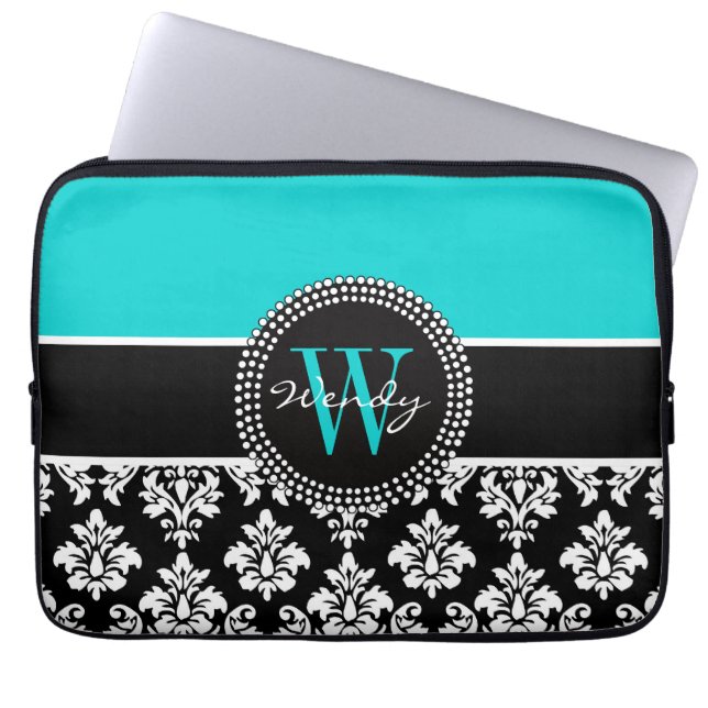 Personalized Initial Aqua Black Damask Pattern Laptop Sleeve (Front)
