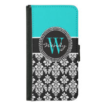 Personalized Initial Aqua Black Damask Pattern