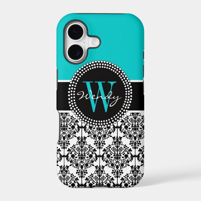 Personalized Initial Aqua Teal Black Damask (Back)
