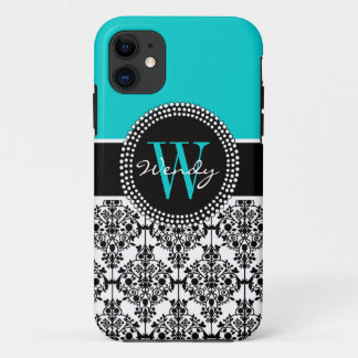 Personalized Initial Aqua Teal Black Damask iPhone 11 Case