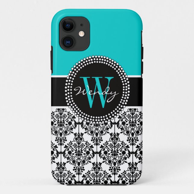 Personalized Initial Aqua Teal Black Damask Case-Mate iPhone Case (Back)