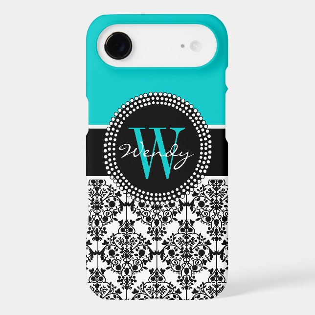 Personalized Initial Aqua Teal Black Damask Case-Mate Samsung Galaxy Case (Back)