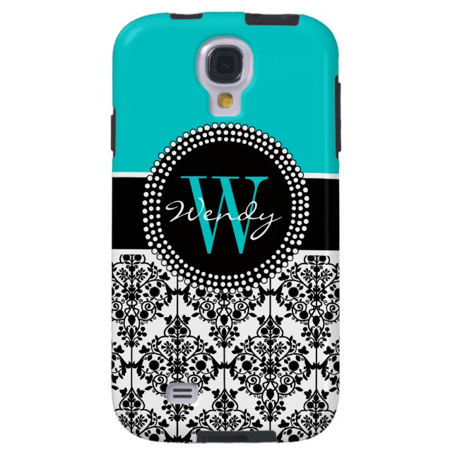 Personalized Initial Aqua Teal Black Damask Case-Mate Samsung Galaxy Case (Back)