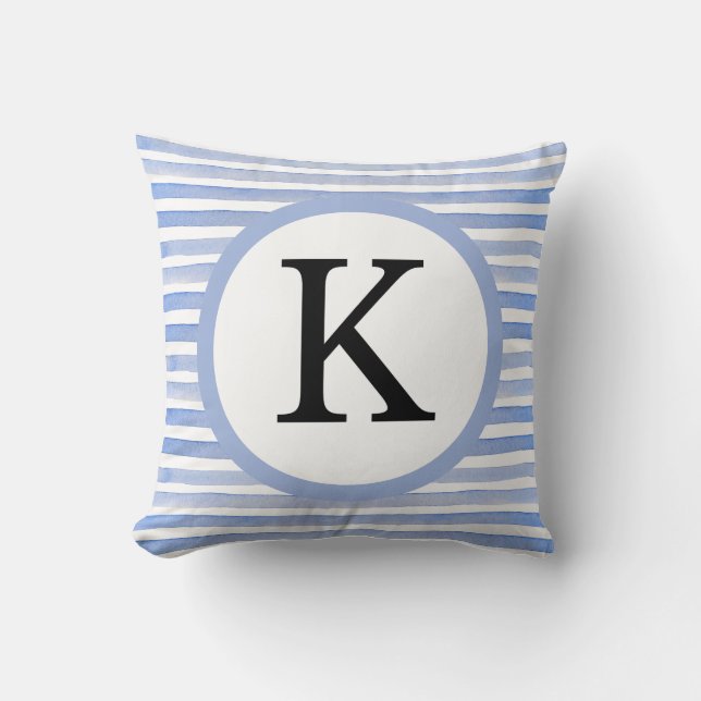 Personalized Initial Casual Blue Stripes Throw Pillow (Front)