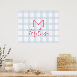 Personalized initial custom name baby blue tartan poster
