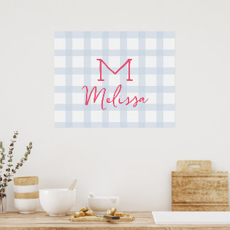 Personalized initial custom name baby blue tartan poster