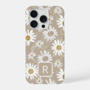 Personalized Initial Daisy Pattern Beige iPhone 15 Pro Case