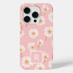 Personalized Initial Daisy Pattern on Soft Pink  iPhone 15 Pro Case