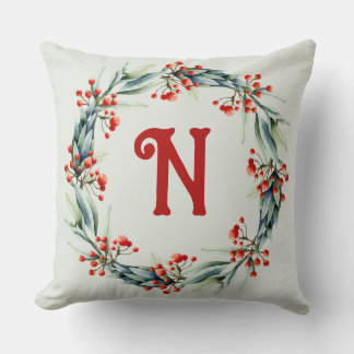 Personalized Initial Festive Wreath Throw Pillow