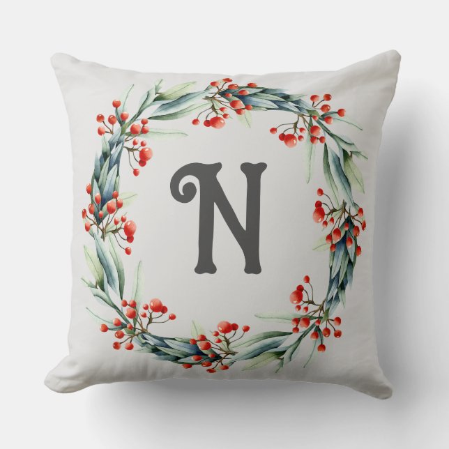 Personalized Initial Festive Wreath Throw Pillow (Front)
