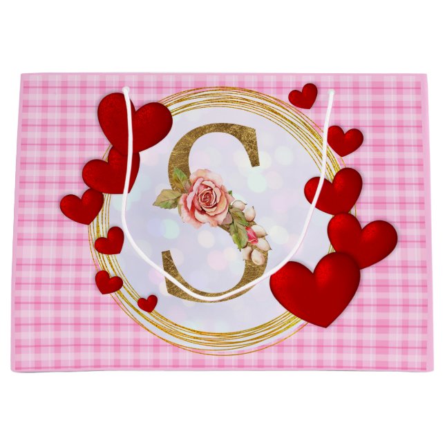 Personalized Initial Floral Monogram and Red Heart Large Gift Bag (Front)