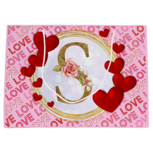 Personalized Initial Floral Monogram and Red Heart Large Gift Bag