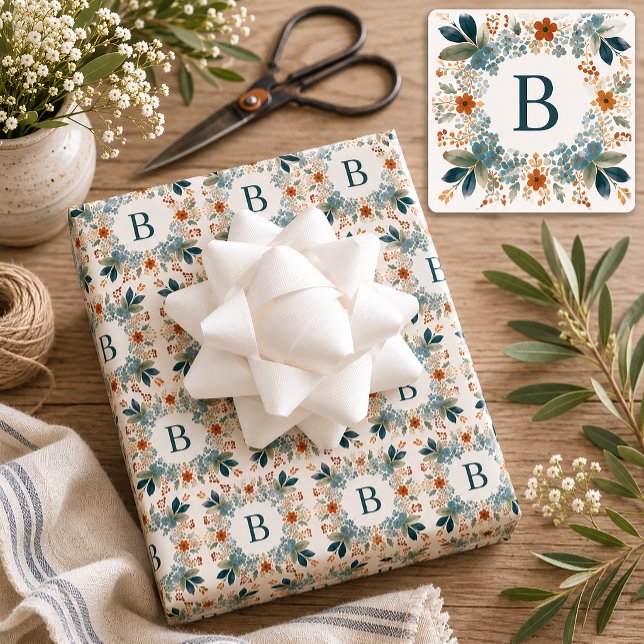 Personalized Initial Floral Monogram Wrapping Paper Sheet (Floral Watercolor Monogram Wrapping Paper)