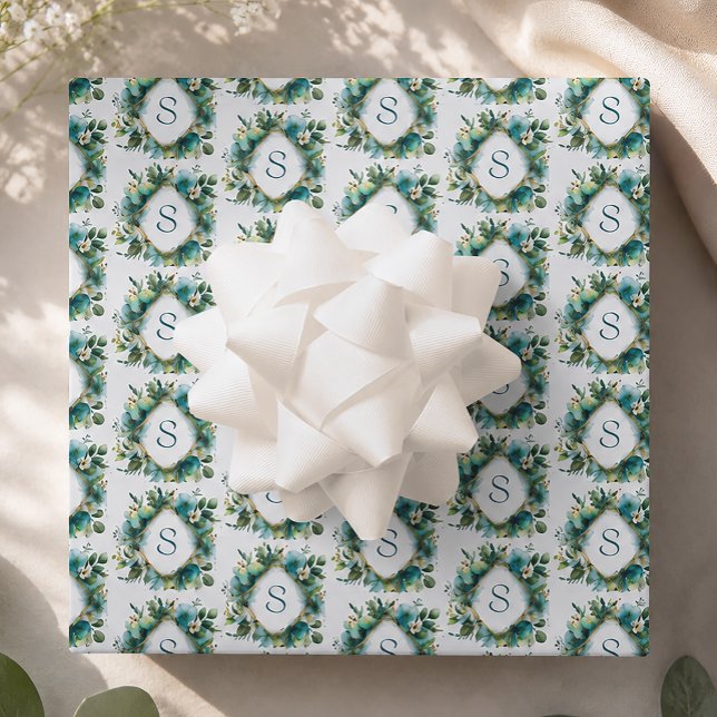 Personalized Initial Floral Monogram Wrapping Paper Sheet (Botanical Frame Monogram Wrapping Paper)