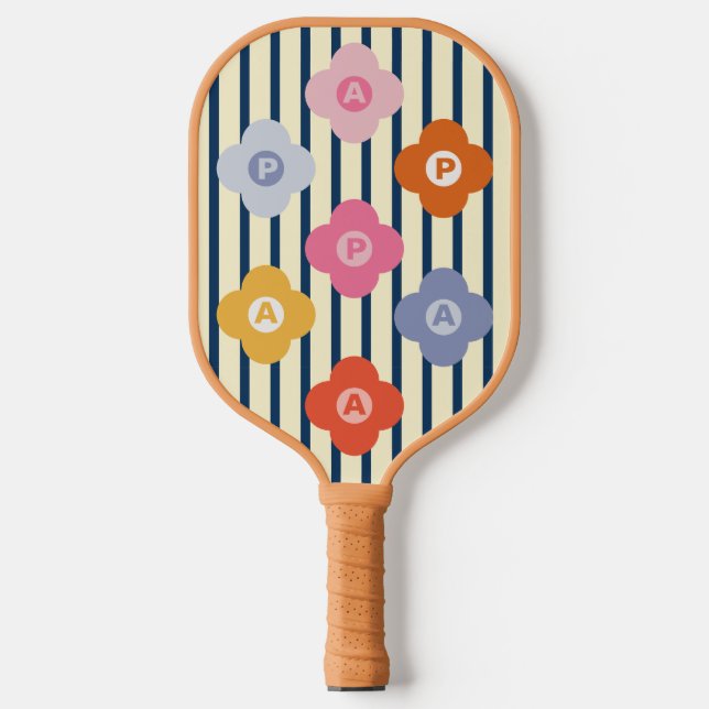 Personalized Initial Floral Stripes Multicolor Pickleball Paddle (Front)