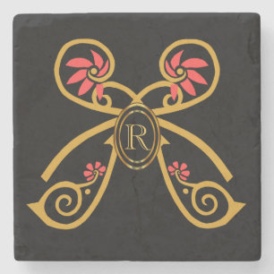 Personalized Initial Gold Butterfly Monogram Stone Coaster