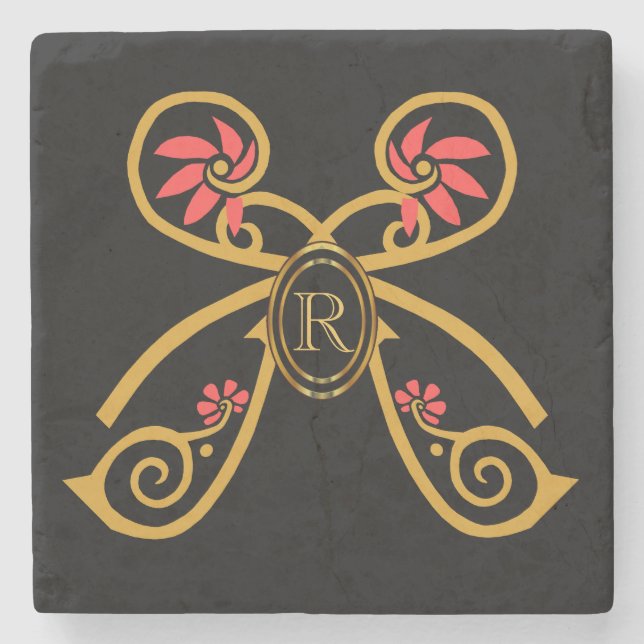 Personalized Initial Gold Butterfly Monogram Stone Coaster (Front)