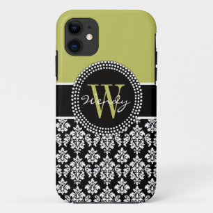 Personalized Initial Green Black Damask Case