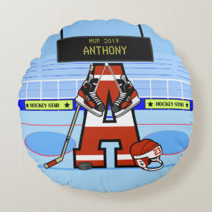 Personalized Initial Ice Hockey Round Pillow