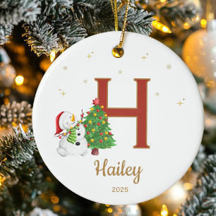 Personalized Initial Letter Custom Name Snowman Ceramic Ornament