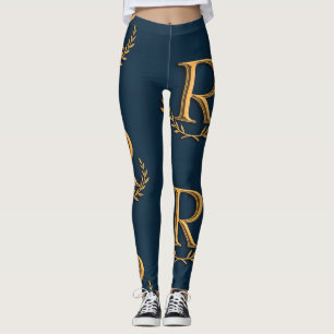 Personalized Initial Monogram in Gold on Navy Leggings