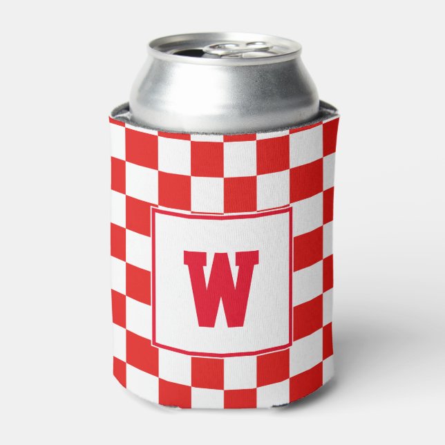 Personalized Initial Monogram Red Chequerboard Can Cooler (Can Front)