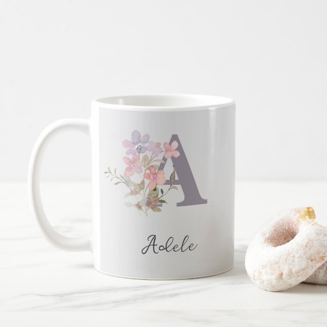 Personalized Initial Mug: Floral Letter Design Coffee Mug (With Donut)