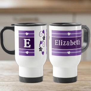 Personalized initial name purple travel mug