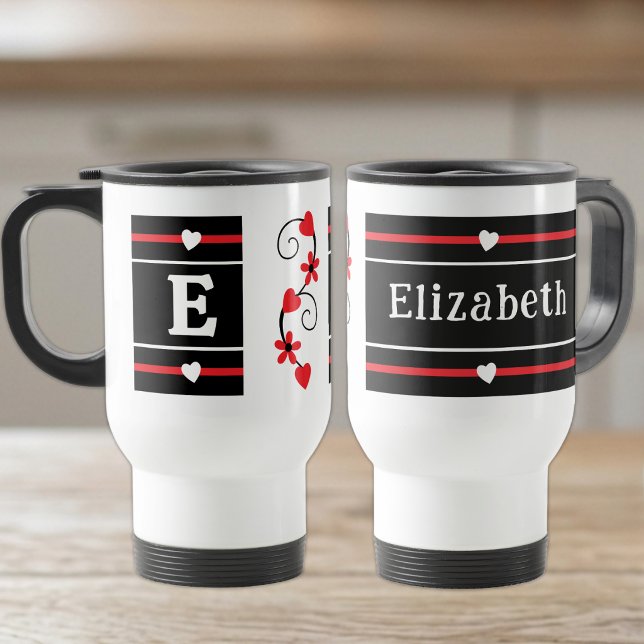 Personalized initial name red black travel mug (Creator Uploaded)