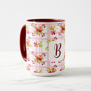 Personalized Initial on Red Berry Blooms Plaid Mug