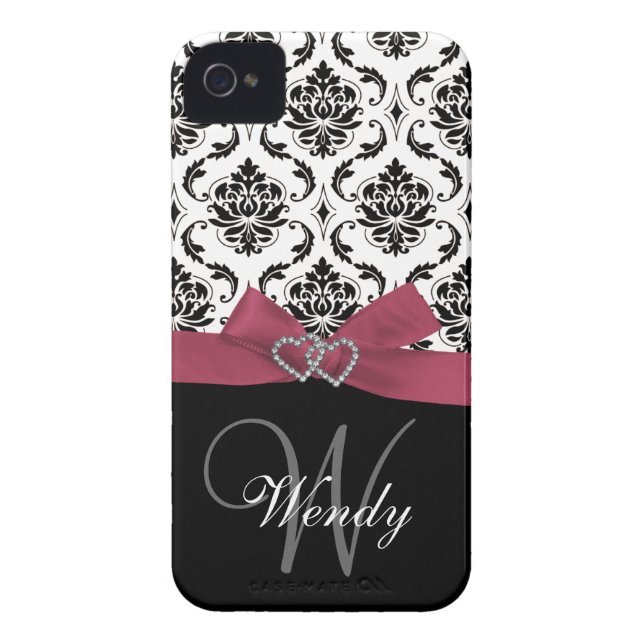 Personalized Initial, Pink, Black Damask Case (Back)