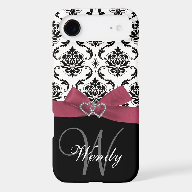 Personalized Initial, Pink, Black Damask Case (Back)