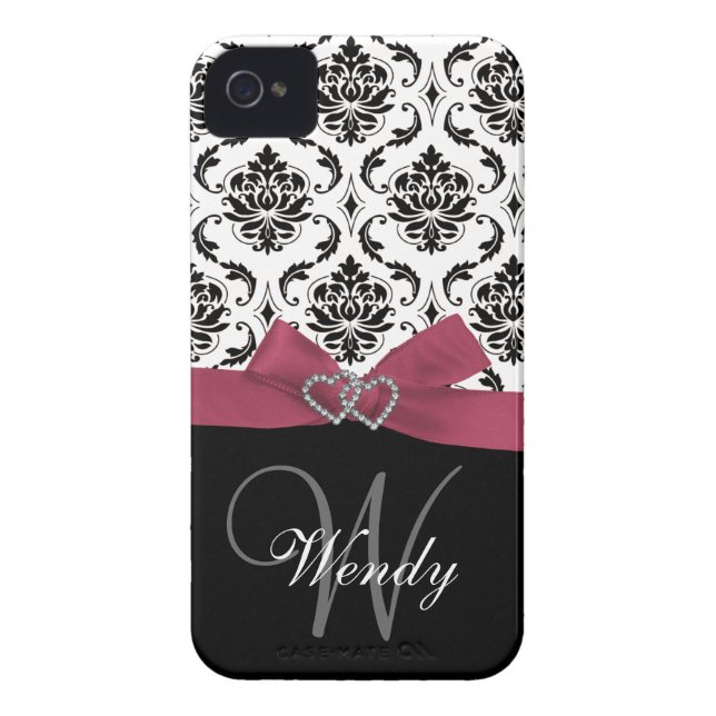 Personalized Initial, Pink, Black Damask Pattern Case-Mate iPhone Case (Back)