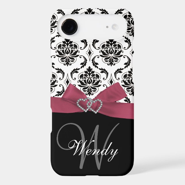 Personalized Initial, Pink, Black Damask Pattern Case-Mate iPhone Case (Back)