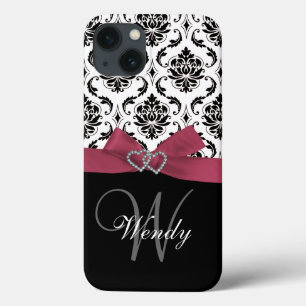 Personalized Initial, Pink, Black Damask Pattern iPhone 13 Case