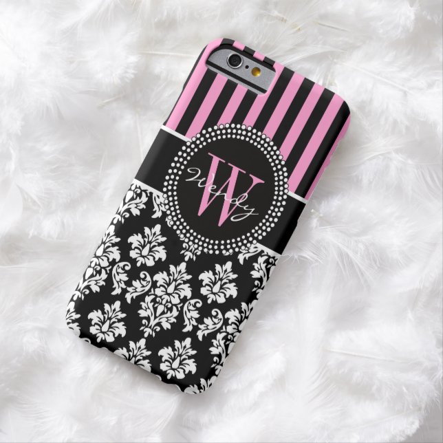 Personalized Initial Pink Black Damask Stripes Case-Mate iPhone Case (In Situ)