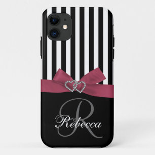 Personalized Initial, Pink, Black Stripes Case