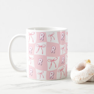 Personalized Initial Pink Bow Checker  Coffee Mug