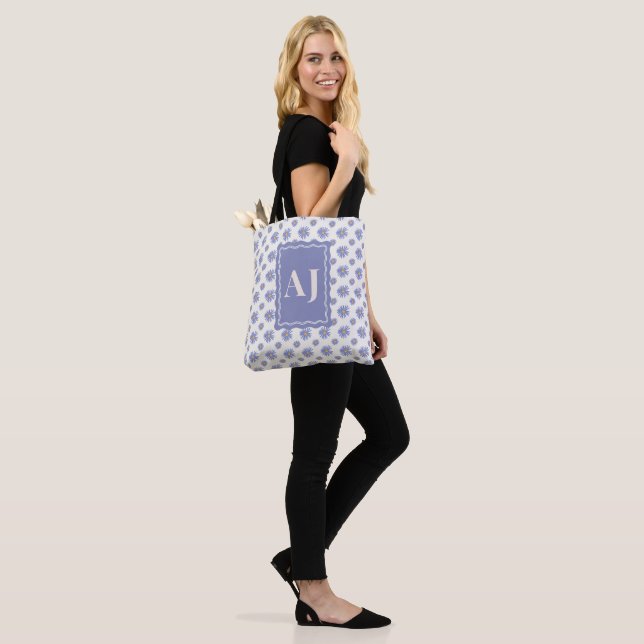 Personalized Initial Purple Aster Floral Tote Bag  (On Model)